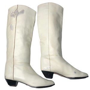 Vintage Latinas White Leather Tall Boots Slouch Block Heel Suede Size 8.5 B 80's